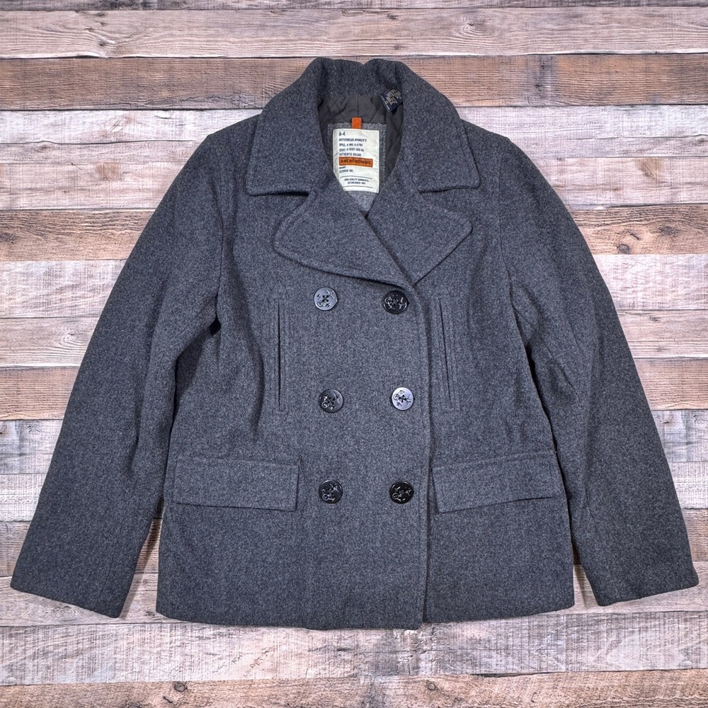Abercrombie Women Gray Wool Blend Double Breasted Pea Coat Medium Quilted Lining